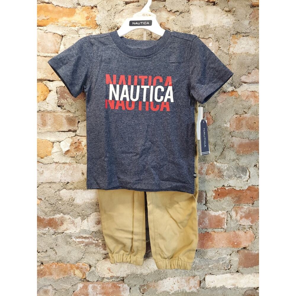 Nautica Boys T Shirt Jogger Pants Set 2T Navy Blue Khaki NWT Graphic Logo